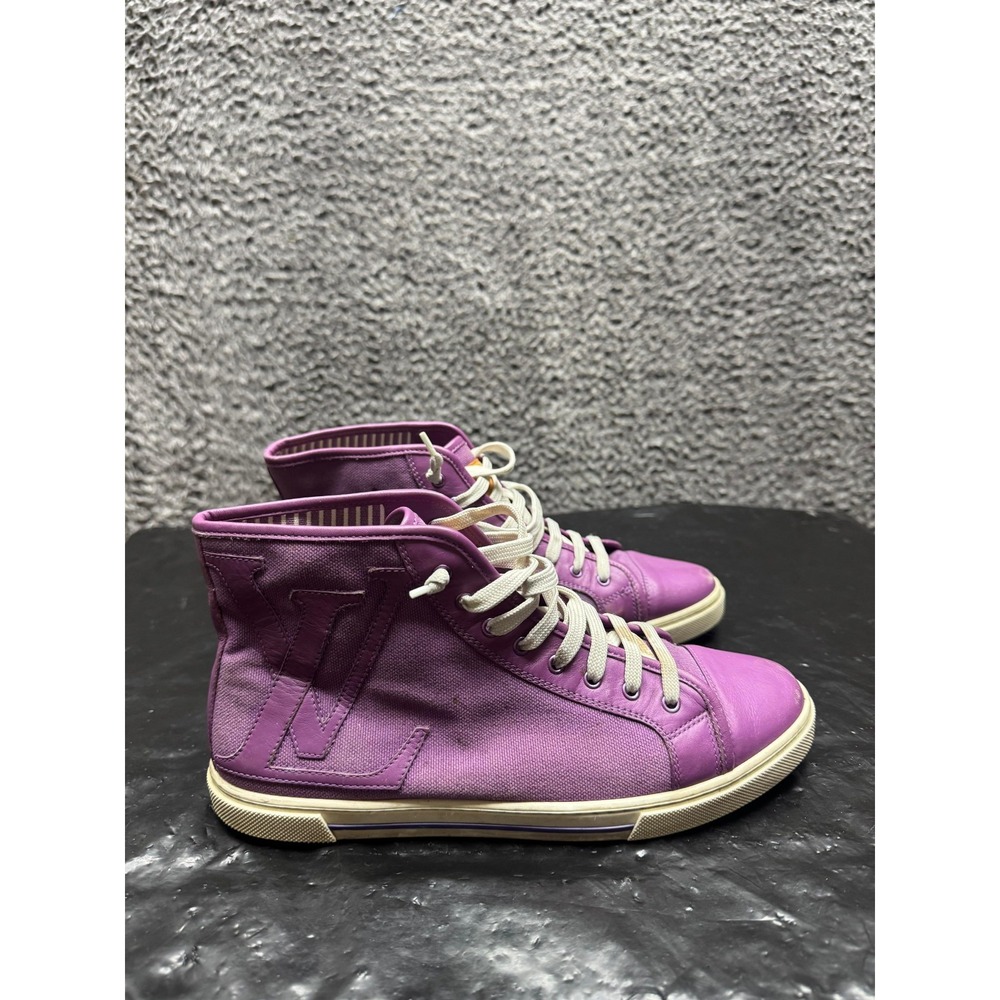 Louis Vuitton Canvas Leather Lace-Up High Top Sneakers Purple Women Size 36.5 EU - Picture 4 of 13